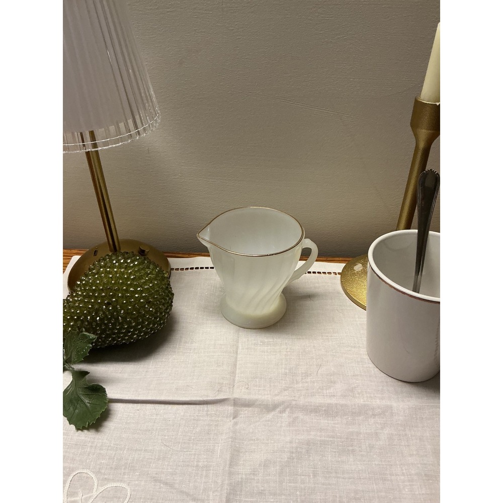 Vintage Fire-King Swirl Milk Glass Creamer Gold Rim Anchor Hocking Creamer